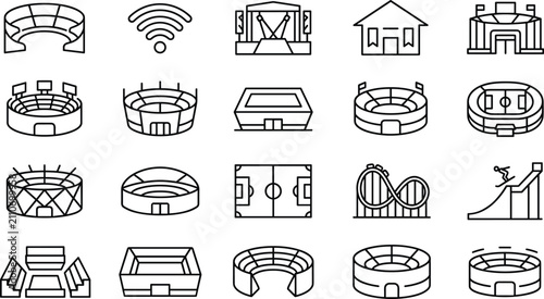 Konstfotografi Stadium arena and entertainment venue line icons set featuring sports field conc