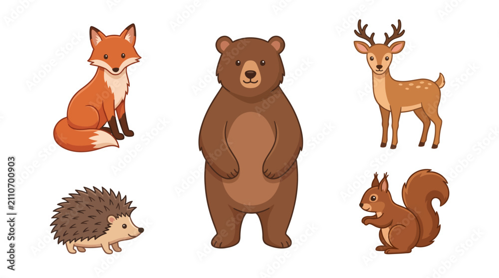 Fototapeta premium Collection of Various Forest Animals Including Fox Bear Squirrel and Deer.