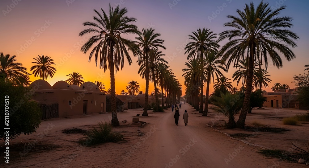 Fototapeta premium Long dirt road through palm tree village at dusk.