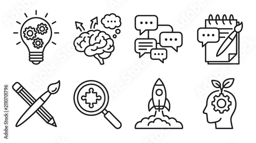 Innovation creativity and business idea launch line icons