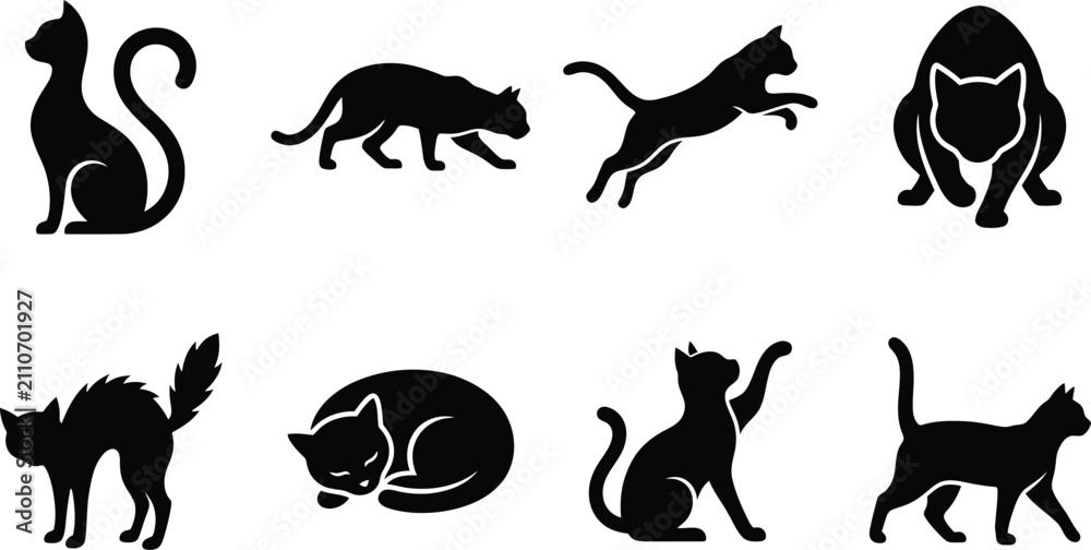 Obraz premium Cat silhouettes poses character icon set. sitting cat, stalking cat, jumping cat, pouncing cat, arched back scared cat, sleeping cat, paw reaching cat, walking cat
