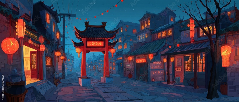Obraz premium Lantern-Lit Chinese Streetscape at Night with Traditional Architecture and Festive Atmosphere