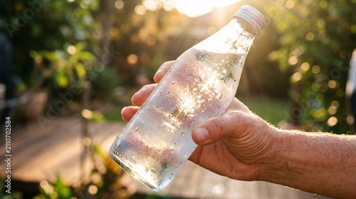 Close up of a person holding a glass water bottle with condensation in a sunlit outdoor garden.