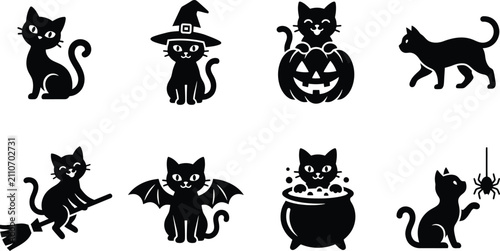 Obraz na plátne Cute black cat halloween icon set