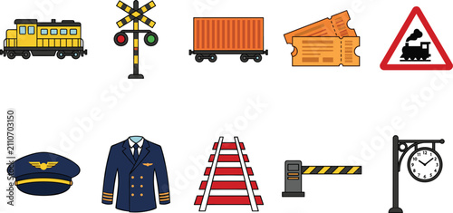Fotografie Railway train transportation color icons set with locomotive cargo wagon tickets