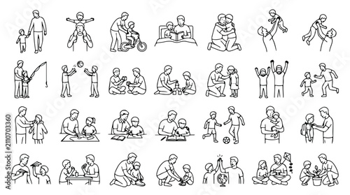 Obraz na płótnie Minimalist father and child line art icons, set of 28 black and white fatherhood