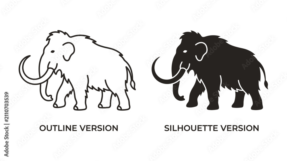 Fototapeta premium Mammoth Outline and Silhouette: Two stylized depictions of a mammoth, one as an outline and the other as a solid silhouette, showcasing this ancient creature in graphic form.