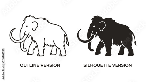Принти на полотні Mammoth Outline and Silhouette: Two stylized depictions of a mammoth, one as an outline and the other as a solid silhouette, showcasing this ancient creature in graphic form