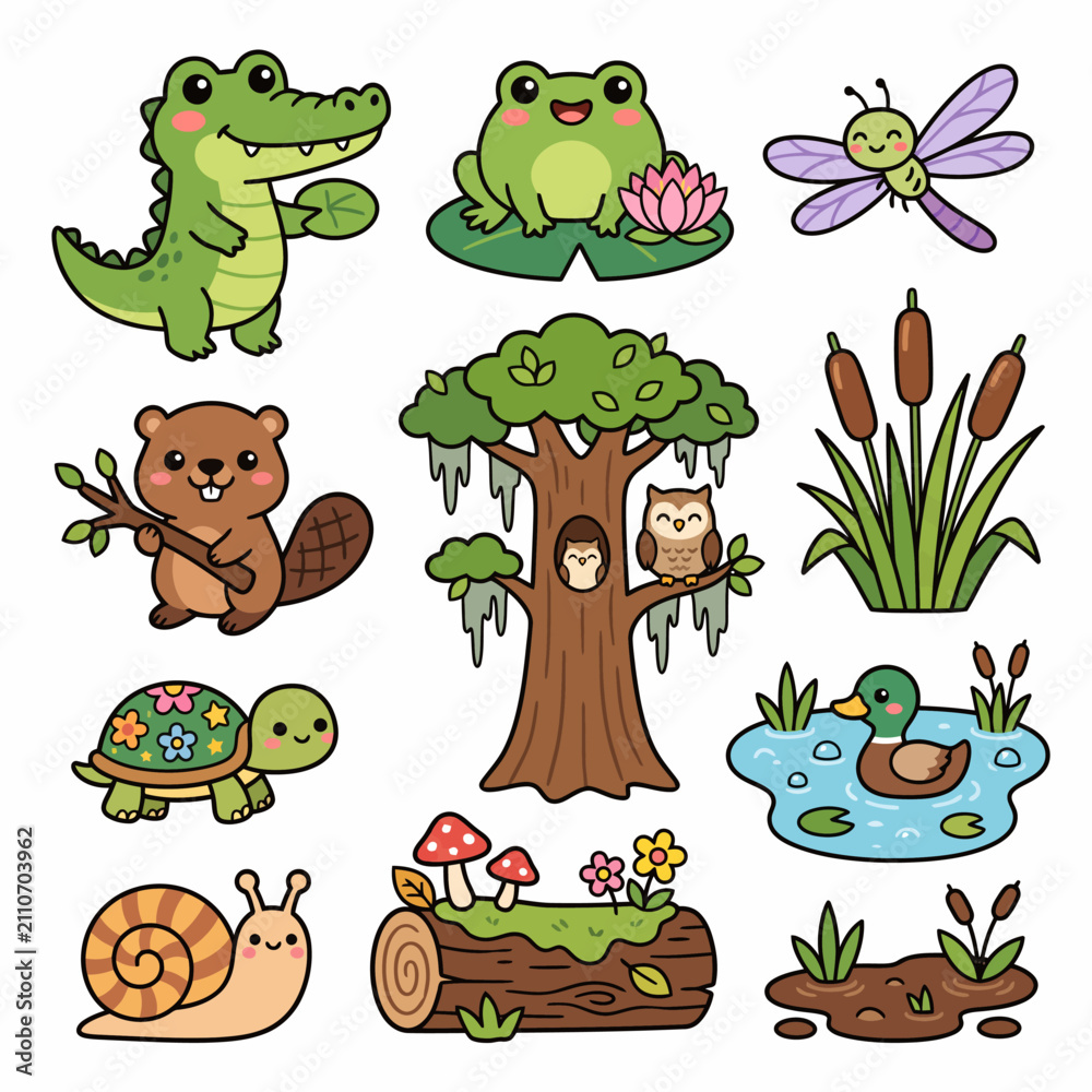 Fototapeta premium Cute Swamp Animal and Nature Cartoon Vector Set Isolated on White Background