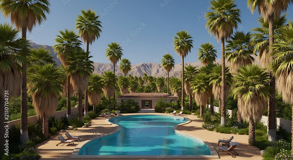Fototapeta premium Elegant pool area with rows of palm trees