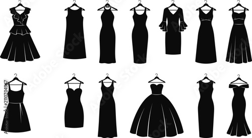 Foto Vector collection of elegant women dress silhouettes hanging on hangers isolated