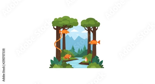 Cartoon giraffes in forest landscape scene.