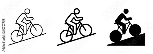Cyclist riding uphill icon set, mountain bike climbing slope vector, cycling uphill pictogram collection