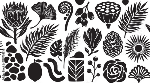 Black botanical silhouette collection, tropical leaf and exotic flower vector set, minimalist floral icons for organic branding and nature patterns