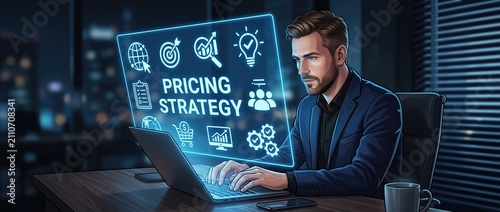 Businessman developing a pricing strategy with innovative technology in a modern office environment at night focusing on digital solutions and analytics