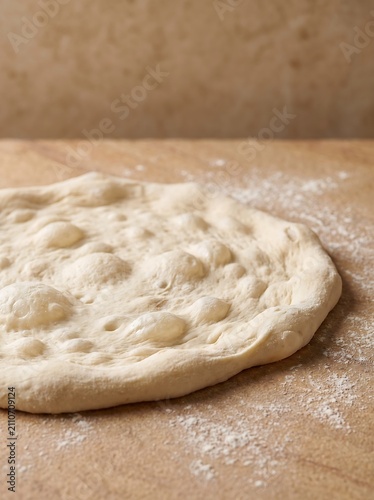 Fresh raw pizza dough with fermentation air bubbles on a floured wooden surface for artisanal baking