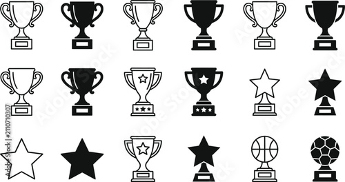 Foto Vector trophy cup and award icons set in line art and silhouette style