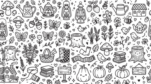 Cottagecore doodle seamless pattern, hand drawn autumn garden vector background, black and white forest elements for coloring book