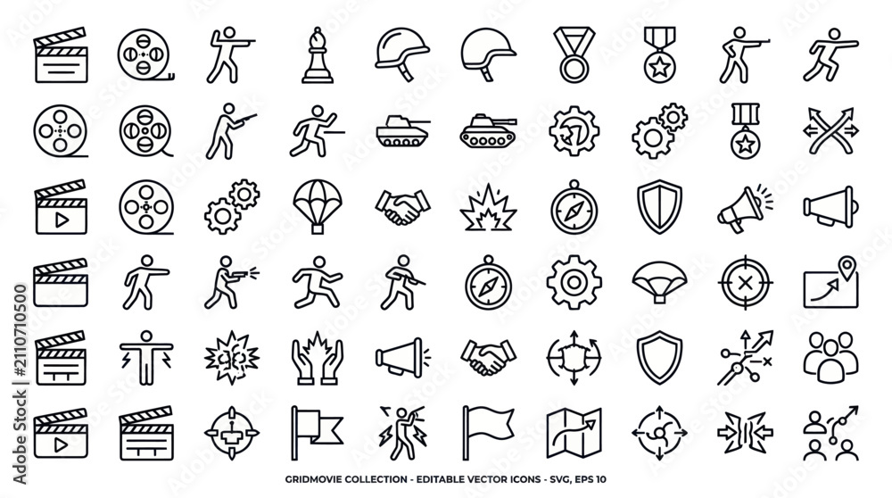 Fototapeta premium Black linear movie production and military award icons.