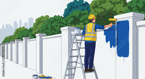 Bild auf Leinwand Side View Vector Illustration Design of Worker Painting Wall Blue on Stepladder