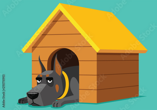 Foto Vector illustration of a sleepy guard dog resting inside a wooden doghouse design on a solid teal background, side view