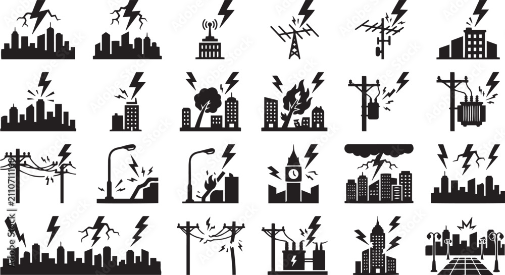 Fototapeta premium Set of black and white depicting lightning strikes, power outages, electrical damage, and storm damage to urban infrastructure
