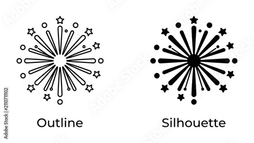 Obraz na płótnie Fireworks Outline and Silhouette: Two distinct representations of fireworks, one an outline and the other a silhouette, showcasing graphic design elements for celebrations