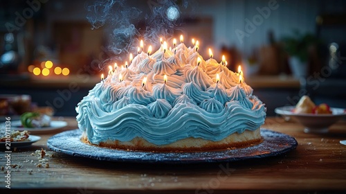Dreamy Blue Birthday Cake with Lit Candles and Smoke on Wooden Table