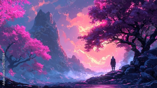 Pink Blossom Vista: Solitary Figure Gazing at Mountainous Landscape at Sunset