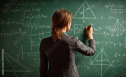 Woman Solving Complex Math Equations on Chalkboard