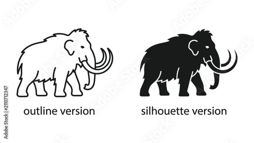 Mammoth Outline and Silhouette: A prehistoric mammoth depicted in both an outline and a silhouette version, showcasing its iconic form with long tusks and shaggy fur.