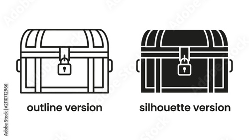 Foto Treasure Chest Duo: A versatile set featuring two styles of treasure chest icons – a clean outline and a bold silhouette – perfect for symbolizing wealth, secrets, or valuable discoveries