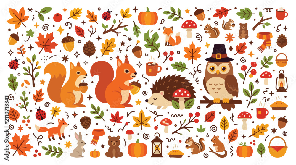 Naklejka premium Cute Autumn Woodland Animals and Fall Leaves Vector Element Collection