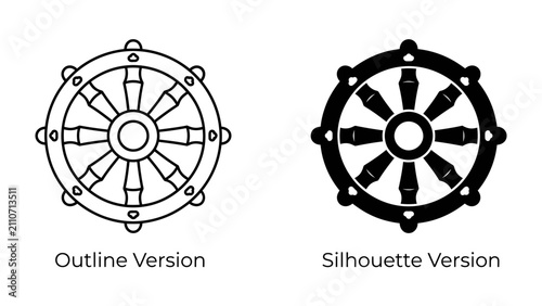 Fotografie Dharma Wheel Icons: A set of two Dharma Wheel icons, one as an outline and the other as a solid silhouette, representing Buddhist philosophy and spiritual path
