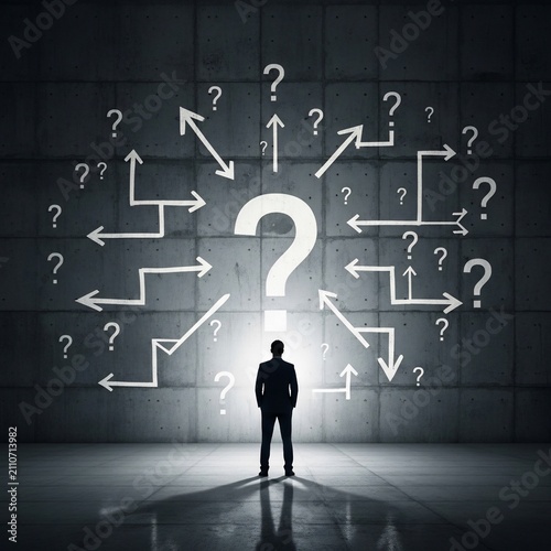 Man faces maze of choices, digital art, dramatic lighting, deep shadows, question marks, arrows, decision-making.