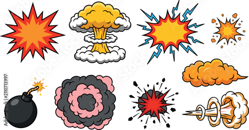 Quadro su tela Comic Book Explosion Effect Vector Set Featuring Mushroom Cloud Lit Bomb Detonat