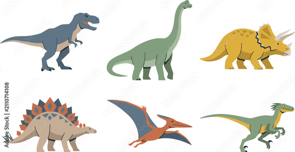 Fototapeta premium Cartoon Dinosaur Collection Vector Set Featuring Tyrannosaurus, Brachiosaurus, Triceratops, Stegosaurus, Pteranodon, and Velociraptor for Kids Educational Designs