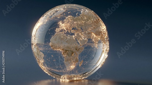 Glass globe showing the earth's continents with glowing light networks on a dark background
