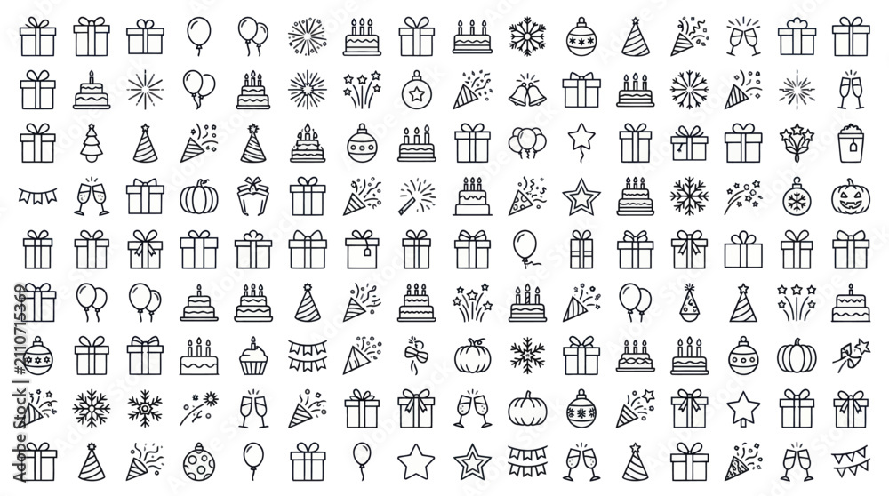 Obraz premium Gift and holiday celebration event line icons.