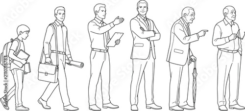 Vector line art illustration showing the aging process and career stages of a businessman from childhood to old age