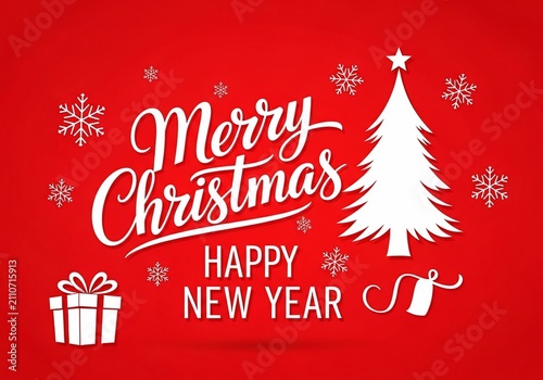 Vibrant Red Merry Christmas & Happy New Year Festive Illustration with Snowflakes & Gift