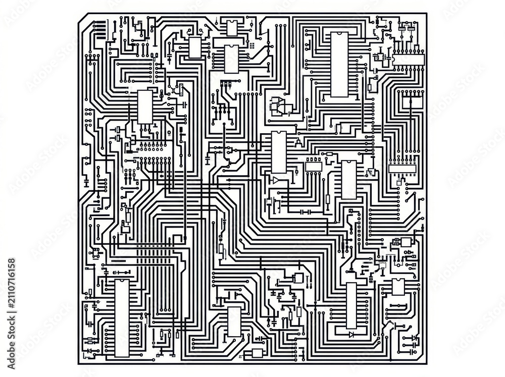 Obraz premium Detailed black and white schematic of a complex electronic circuit board