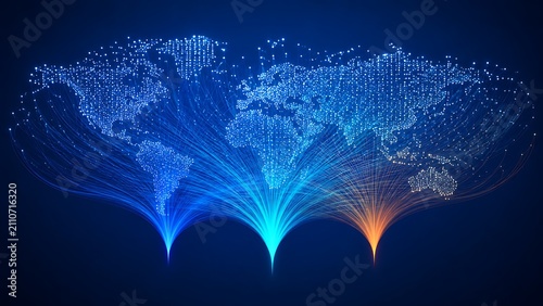 Global network connectivity visual with illuminated world map and data streams flowing from continents.
