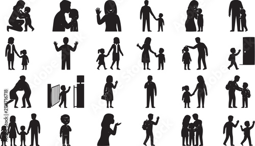 Set of black silhouettes showing parents and children interacting, waving, hugging, walking, and going to school, isolated on white background