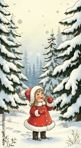 Whimsical illustration: Child's joy in snowy woods, winter wonderland magic, vintage charm, soft pastels.