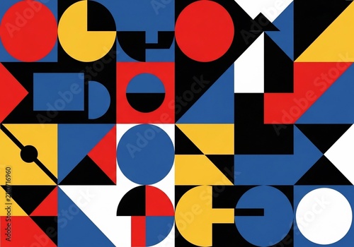 Vibrant Geometric Symphony: Bold Red, Blue & Yellow Abstract Composition