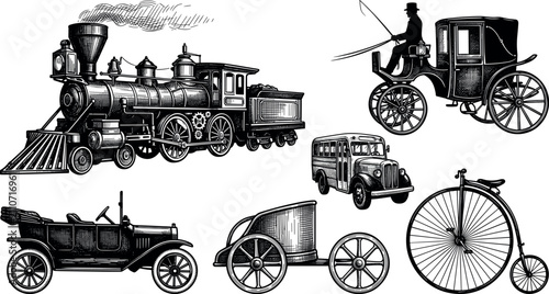 Vintage Transportation Vector Set Featuring Hand Drawn Engraving Style Steam Locomotive Train Horse Carriage Classic Automobile and Penny Farthing Bicycle