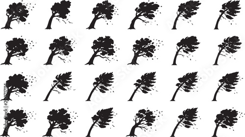 Set of black tree silhouettes showing various stages of bending and swaying in strong wind, with flying leaves on a white background