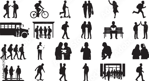 Set of black silhouettes showing students in various school activities, including walking, cycling, riding a scooter, and waiting for a bus