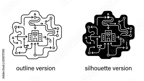 Cuadro en lienzo Complex Navigation System Diagram: A visual representation of a convoluted path with arrows and nodes leading to a central building, presented in both outline and silhouette styles